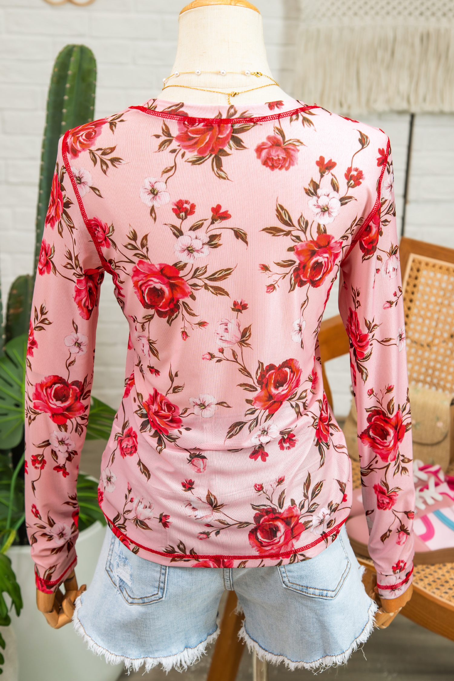Pink Floral Print Exposed Seam Detail Mesh Long Sleeve Top - Image 4
