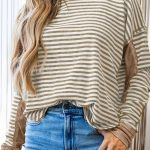 Khaki Stripe Thermal Knit Drop Shoulder Casual Top