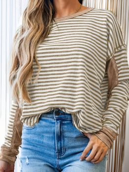 Khaki Stripe Thermal Knit Drop Shoulder Casual Top