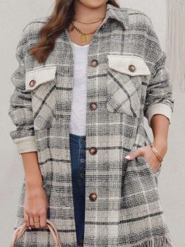 Gray Plus Size Macrame Plaid Coat