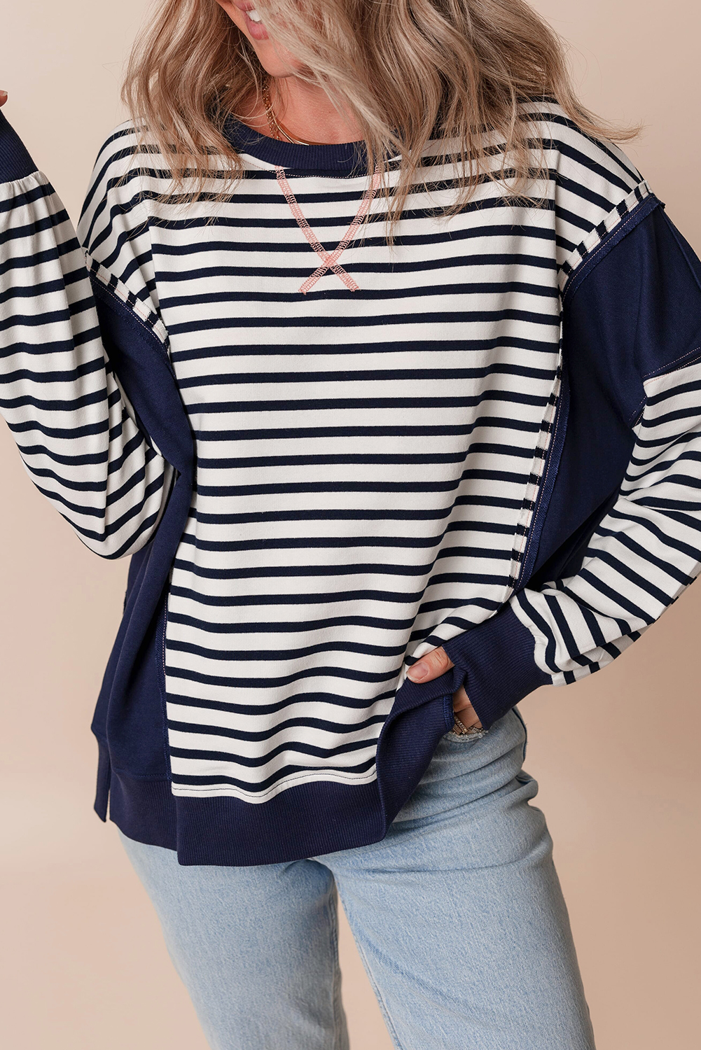 White Stripe Color Block Exposed Seam Loose Fit Sweatshirt - Image 4