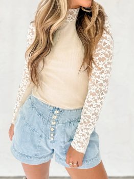 Beige Floral Lace Patchwork Long Sleeve High Neck Slim Top