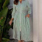 Green Stripe V Neck Zip Front Cinched High Waist Midi Dress