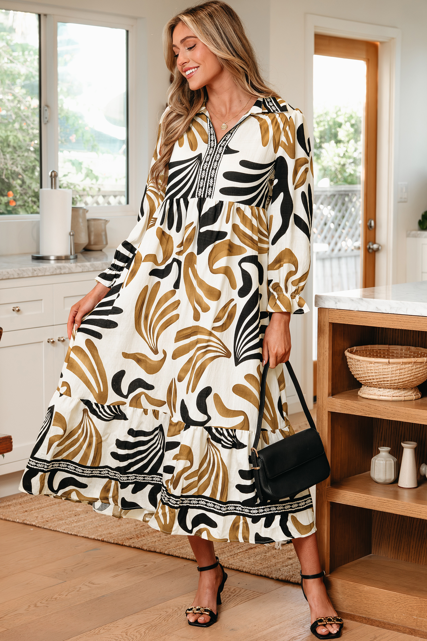 Brown Tropical Printed Contrast Trim Neck Long Sleeve Ruffle Hem Dress - Image 5