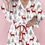 White Christmas Fashion Print Velvet Trim Bow Knot Pajama 2pcs Short Set