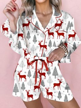 White Christmas Fashion Print Velvet Trim Bow Knot Pajama 2pcs Short Set