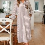 Brown Stripe Contrast Leopard Patchwork Long Shirt Dress with Slits