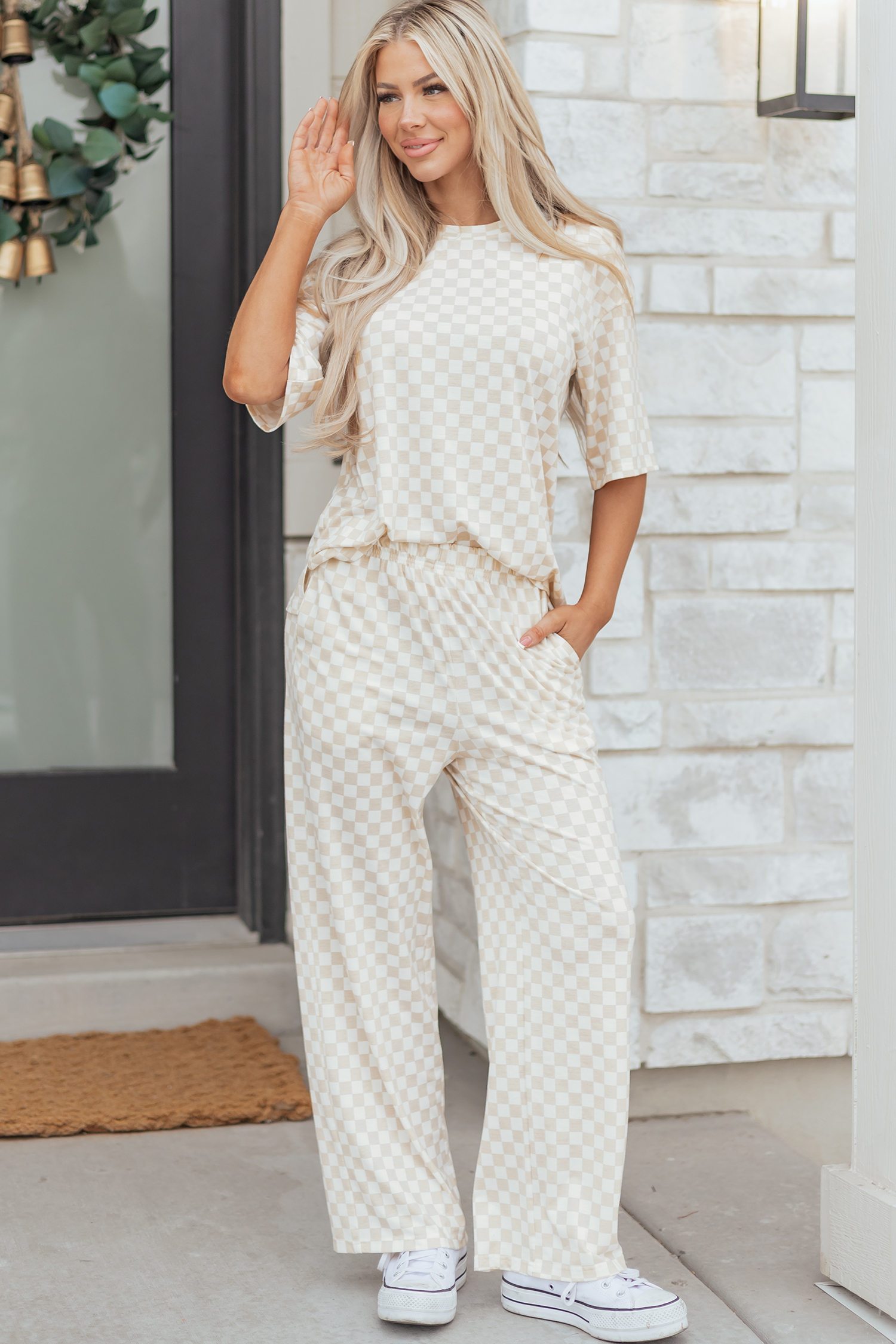 Khaki Checkered Print Half Sleeve Tee 2pcs Lounge Pant Set - Image 2