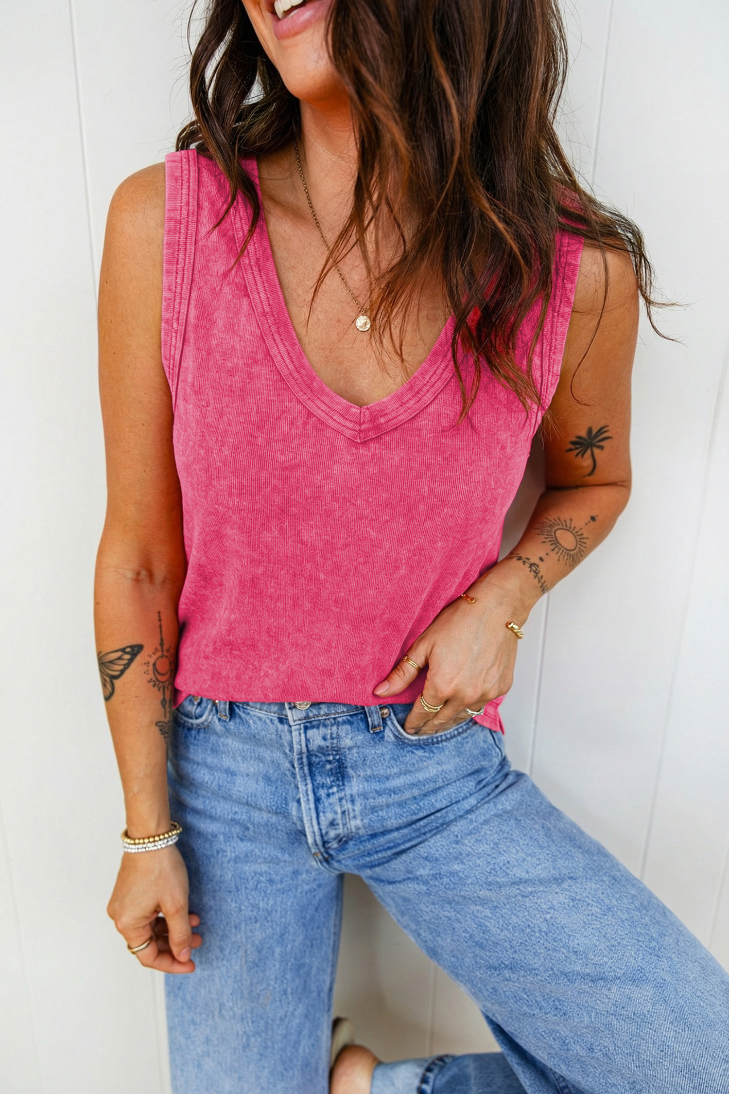 Rose Red Mineral Wash V Neck Tank Top - Image 3
