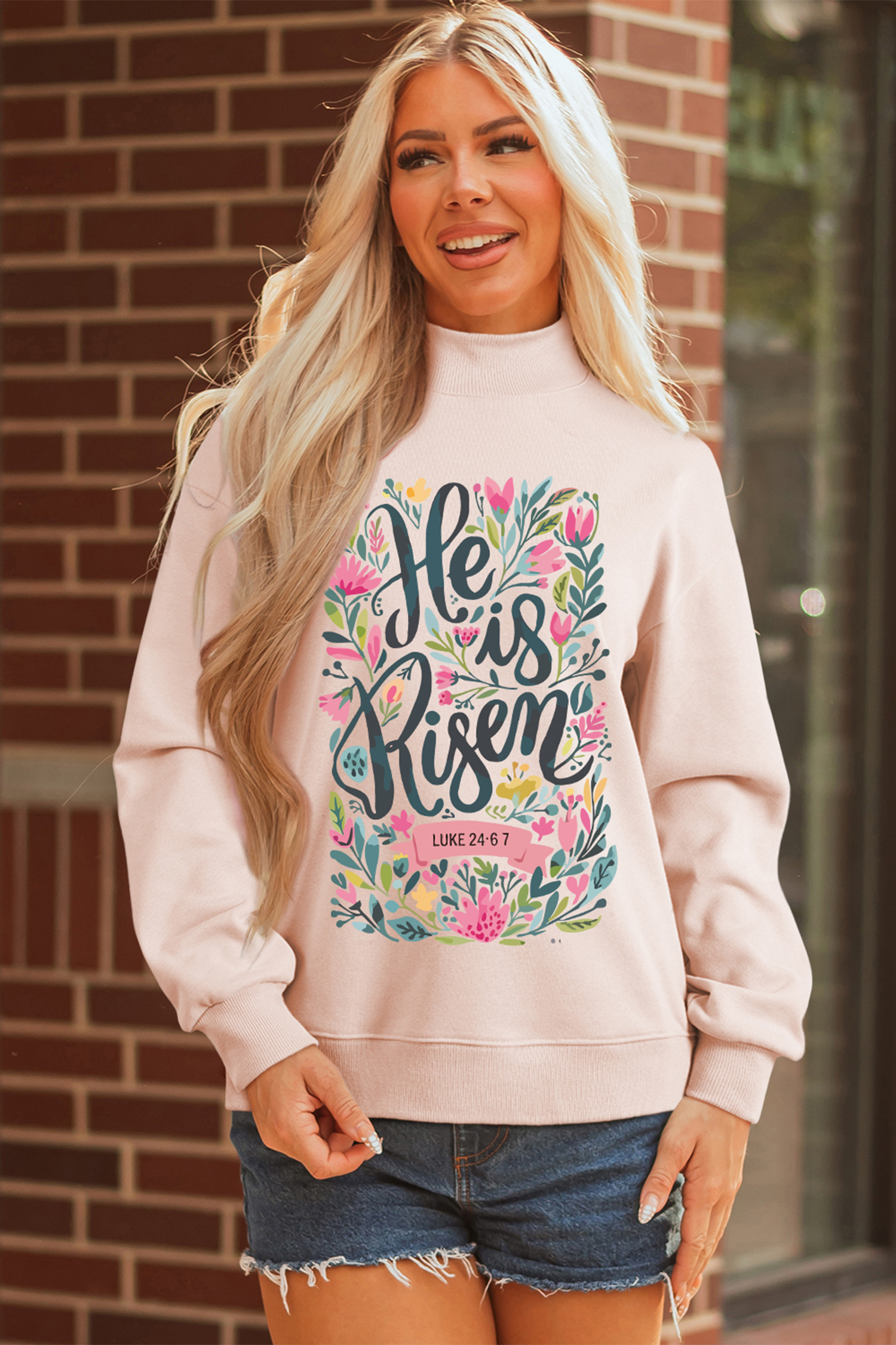 Apricot Pink He is Risen Floral Christian Easter Mock Neck Sweatshirt - Image 3