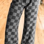 Dark Grey Checkered Denim Wide Leg Jeans