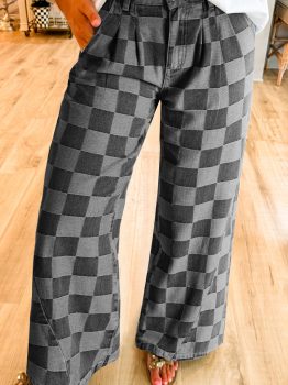Dark Grey Checkered Denim Wide Leg Jeans