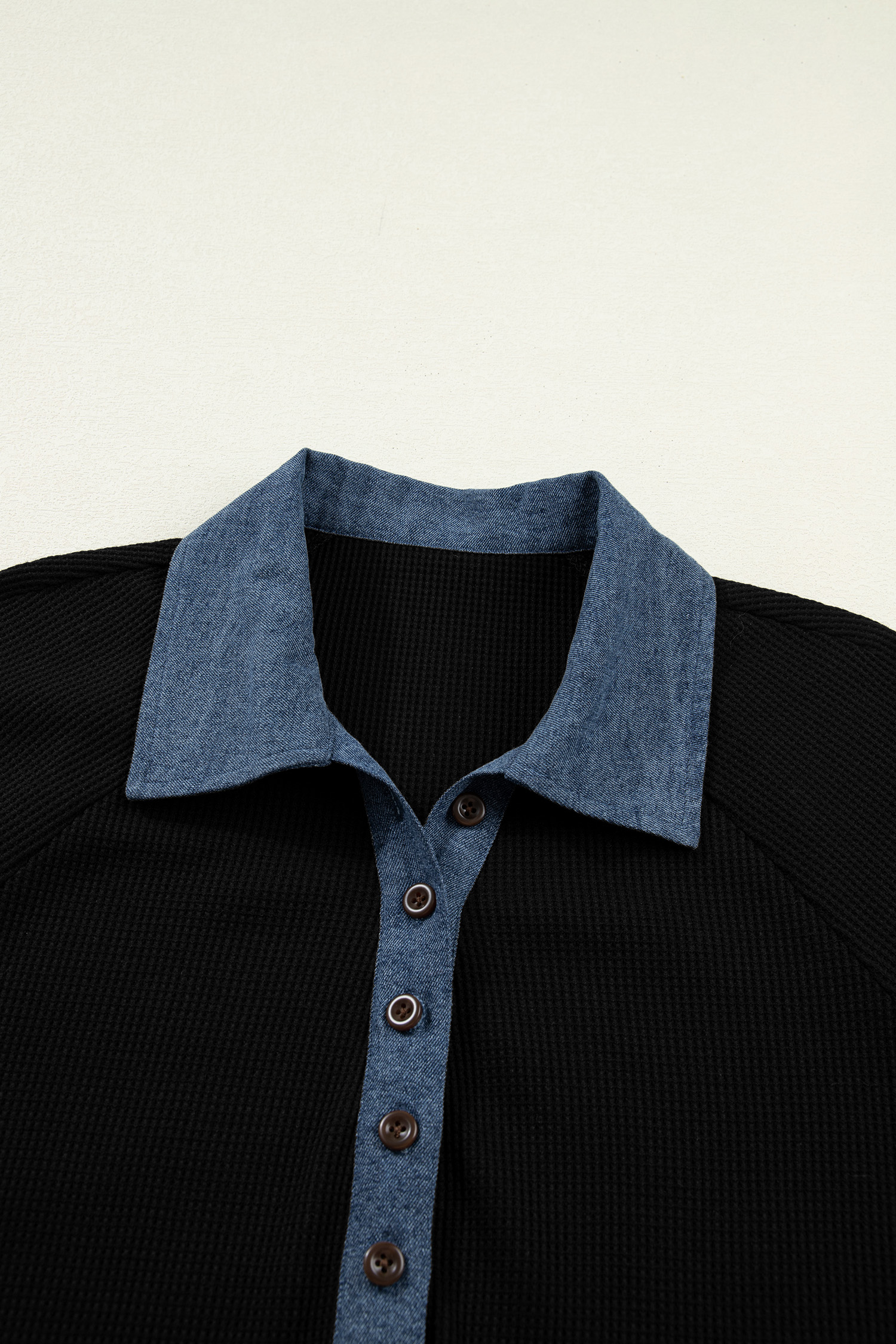 Black Textured Knit Denim Patchwork Button Polo Collar Long Sleeve Top - Image 4