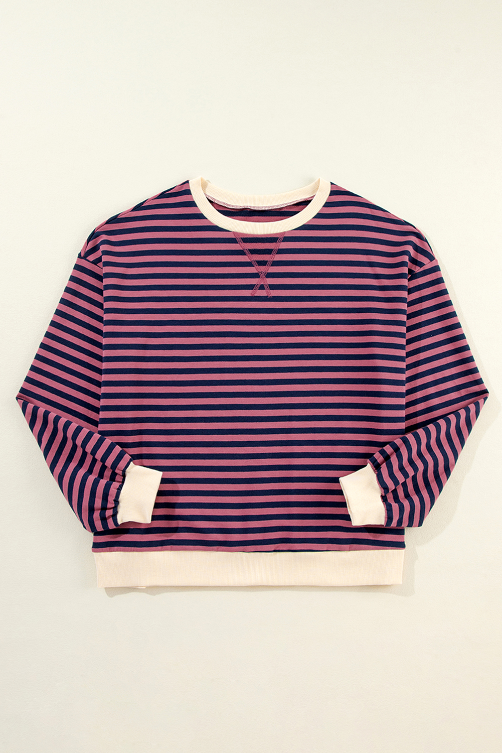 Red Stripe Oversized Contrast Trim Pullover Sweatshirt - Image 7