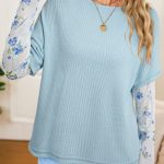 Beau Blue Floral Lace Sleeve Patchwork Waffle Fake Two-piece Top