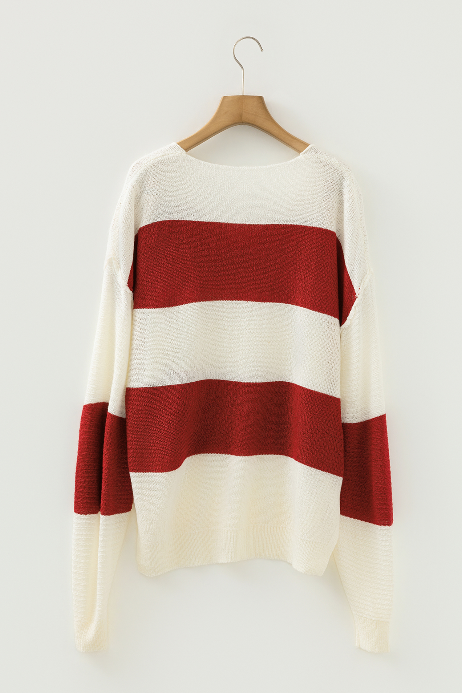 Red Stripe Loose Color Block Drop Shoulder Bubble Sleeve Sweater - Image 5