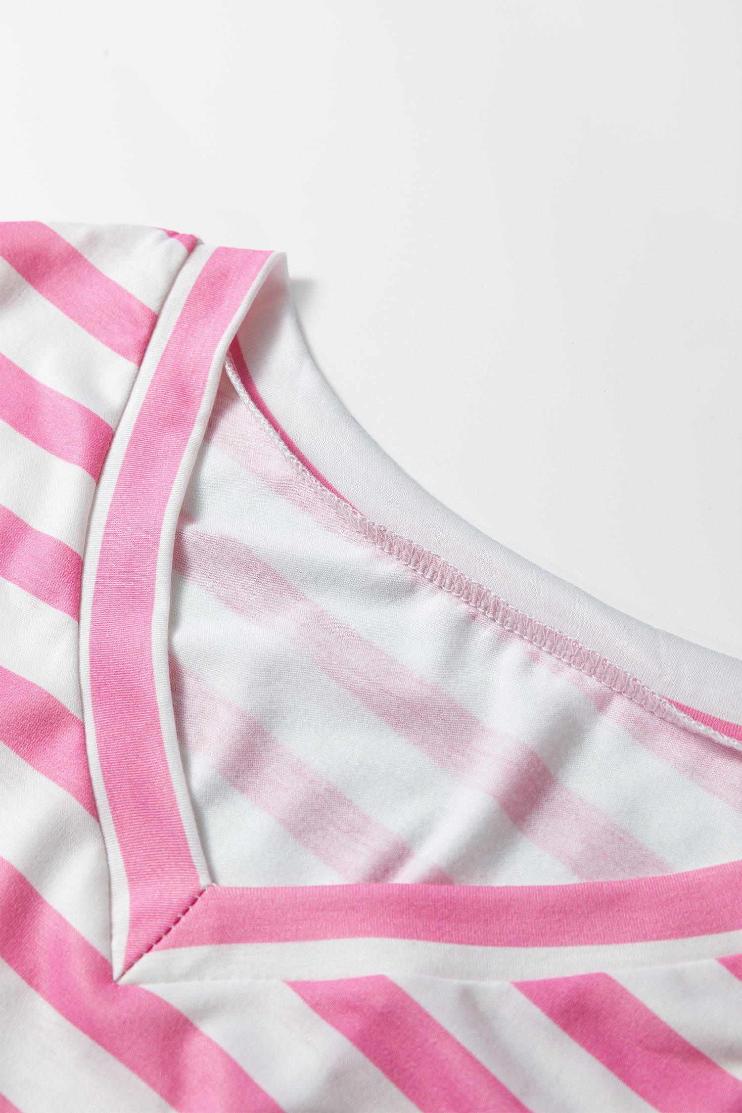 Pink Stripe V Neck Patched Pocket Casual T Shirt - Image 5