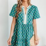 Green Contrast Trim V Neck Short Sleeve Floral Dress