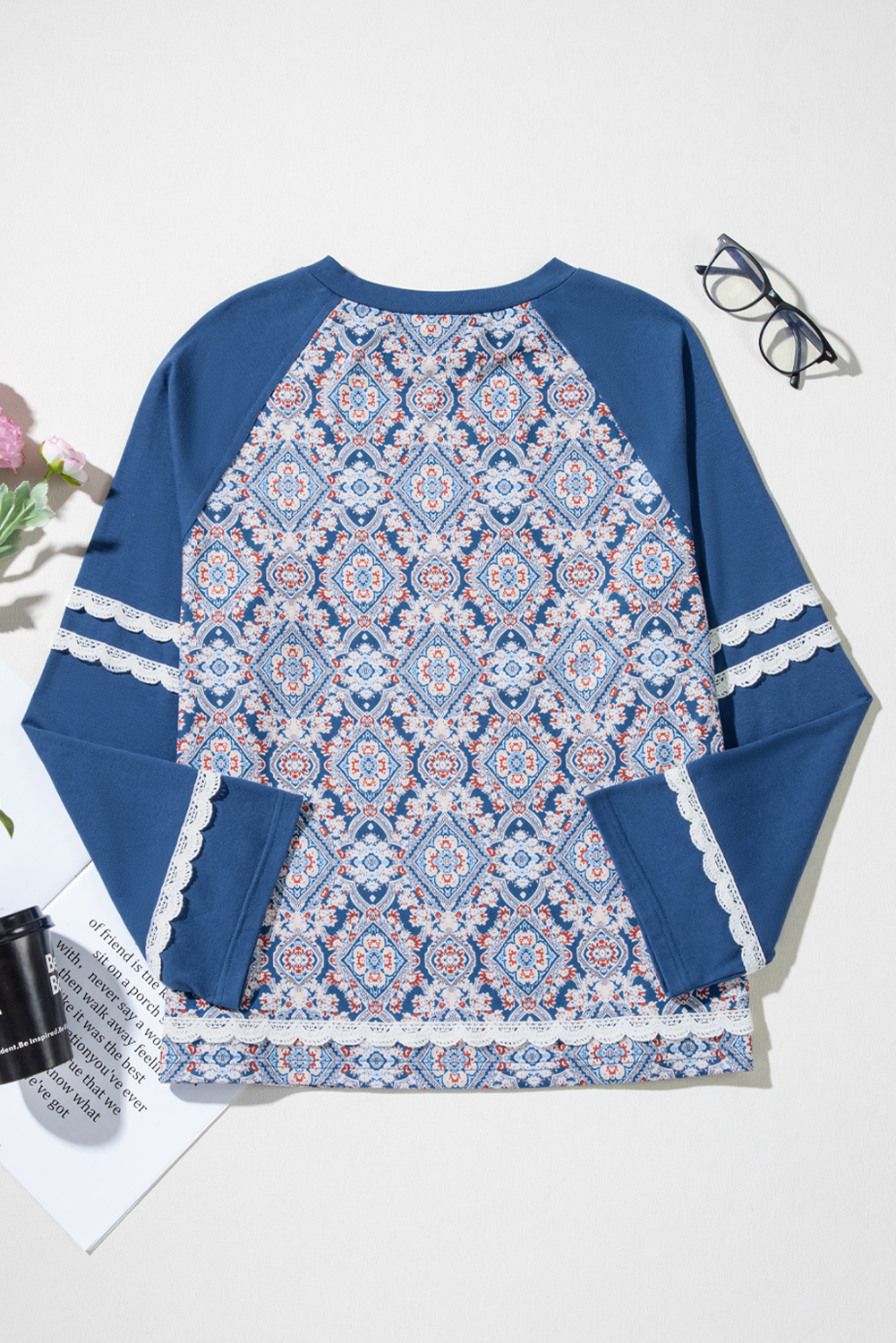 Blue Geometric Printed Lace Patchwork Ric Rac Raglan Long Sleeve Top - Image 6