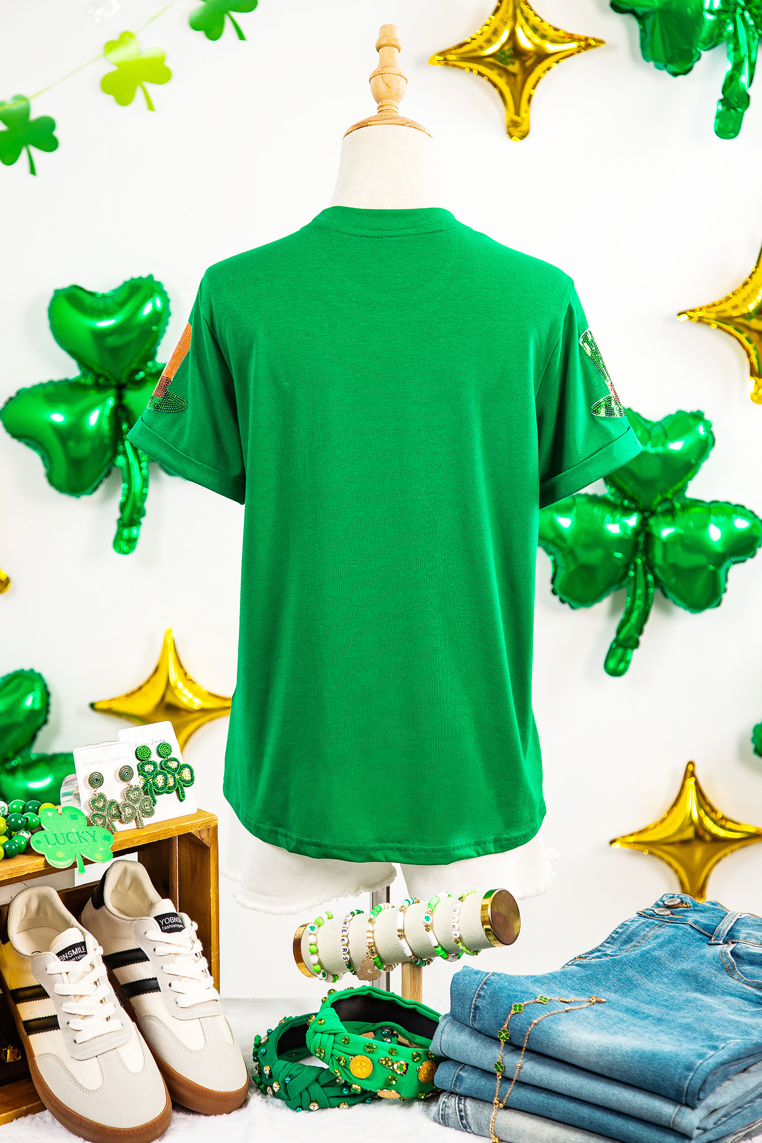 Bright Green Sequin St Patricks Day Hat Relaxed T Shirt - Image 5