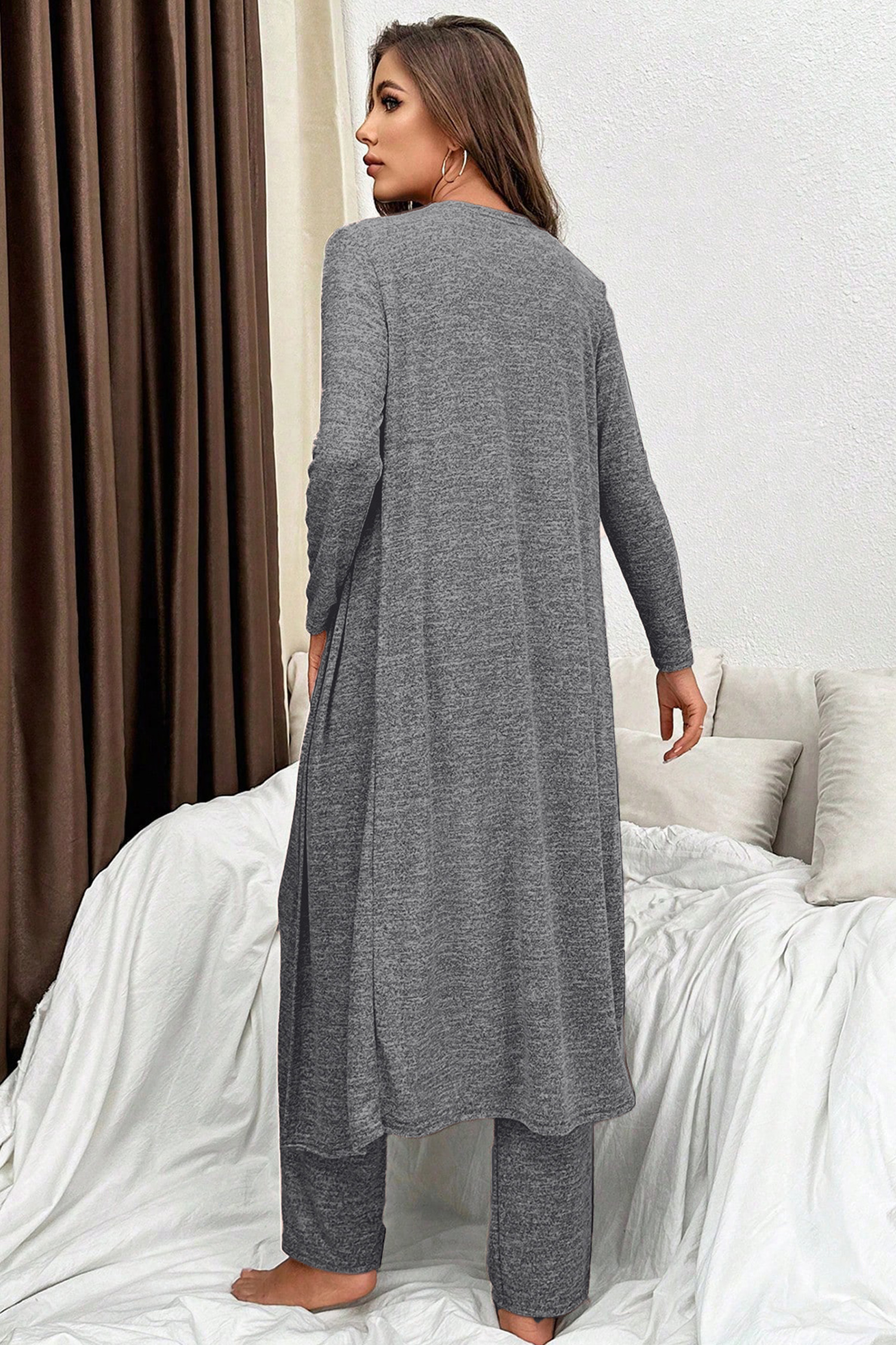 Dark Grey 3pcs V Neck T Shirt Ribbon Knot Pants Open Duster 3pcs Lounge Set - Image 2