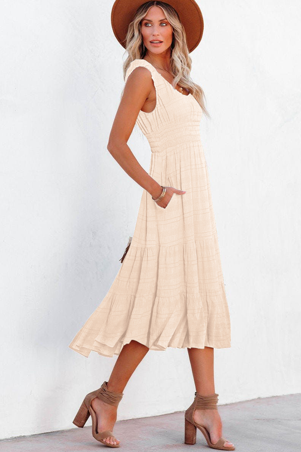 Apricot Shirred Pleated Square Neck Sleeveless Midi Dress - Image 4