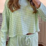 Green Gingham Long Sleeve Loose Top Drawstring Shorts 2pcs Lounge Set