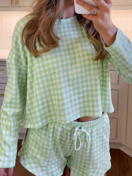 Green Gingham Long Sleeve Loose Top Drawstring Shorts 2pcs Lounge Set