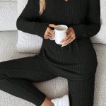 Black Ribbed Notched Neck Knit Long Sleeve Leggings Two Pieces Lounge Set