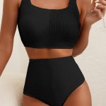 Black Corded Solid Square Neck Bikini Swimsuit