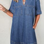 Blue Short Sleeve Collared Patched Pocket Denim Mini Dress