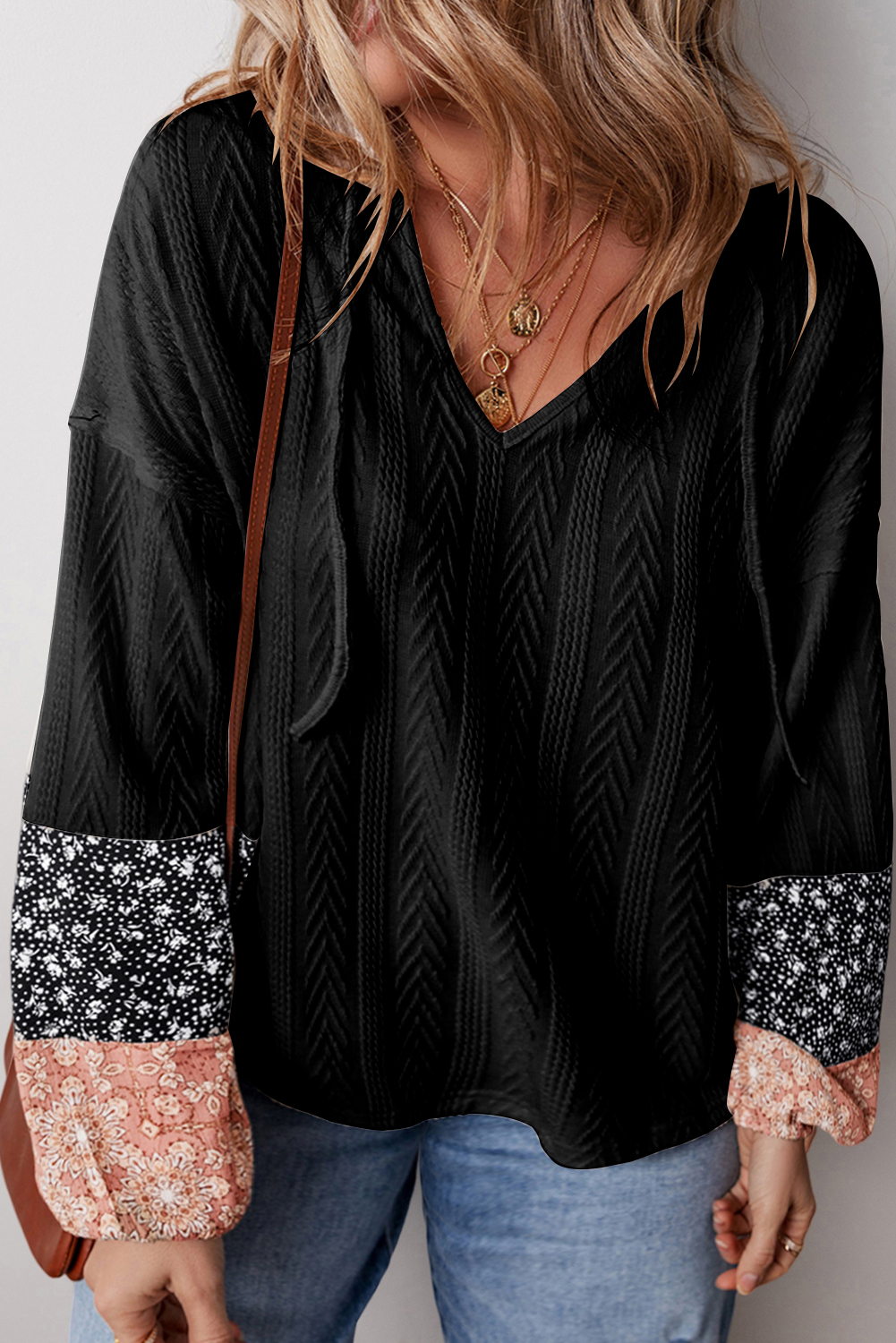 Black Floral Patchwork Textured Knit Drawstring V Neck Blouse - Image 2