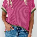 Rose Red Textured Contrast Trim Round Neck T Shirt