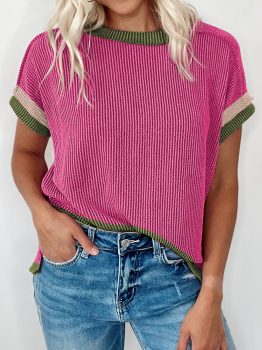 Rose Red Textured Contrast Trim Round Neck T Shirt
