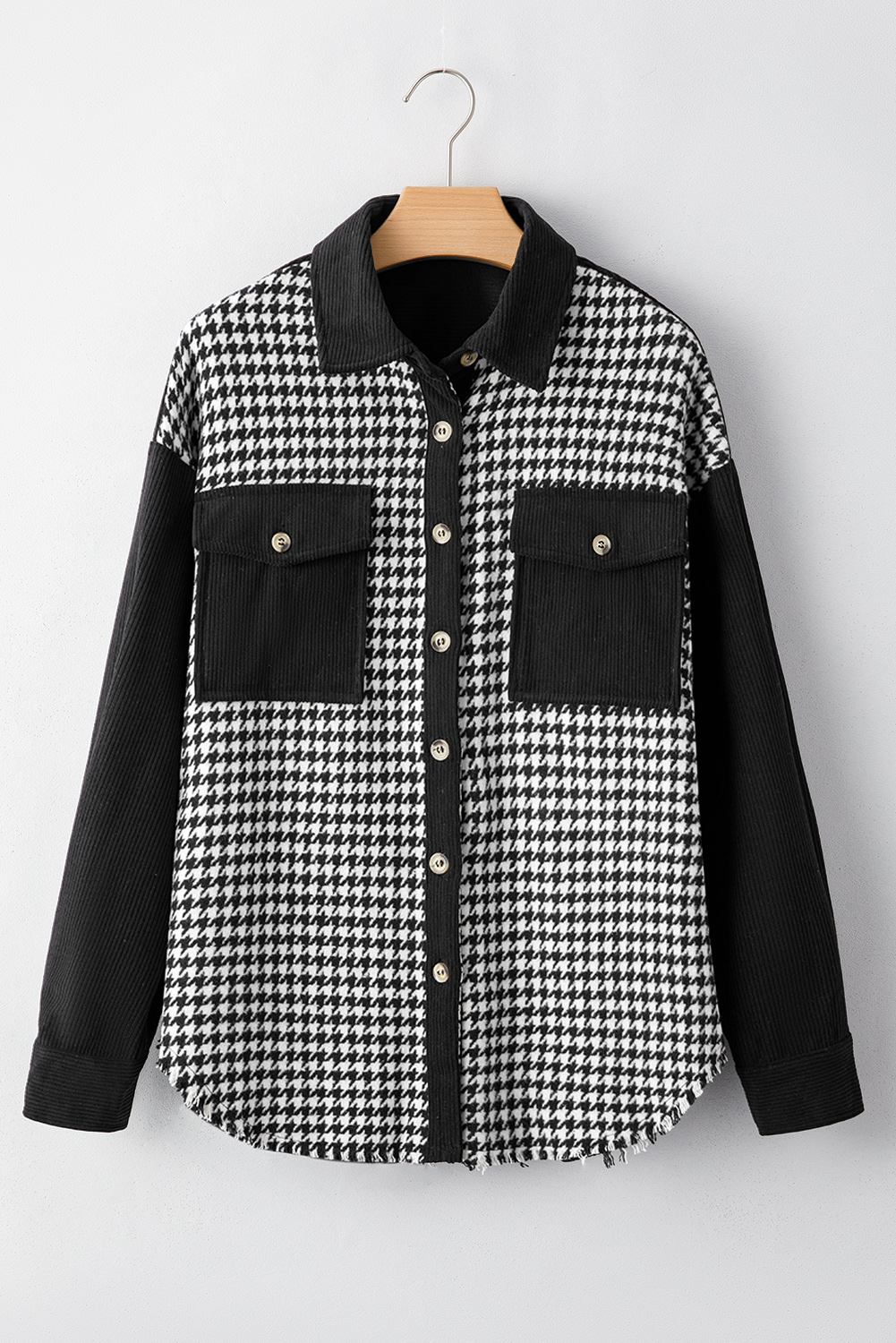 Black Houndstooth Corduroy Patchwork Flap Pocket Shacket - Image 5