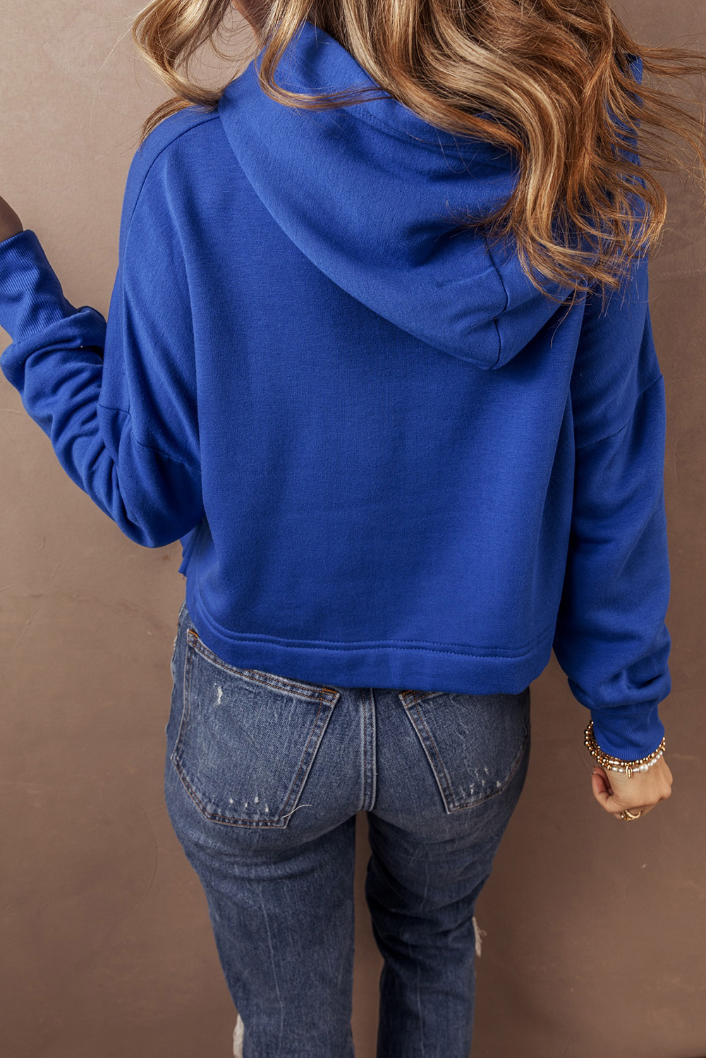 Dark Blue Solid Drop Shoulder Drawstring Cropped Hoodie - Image 2