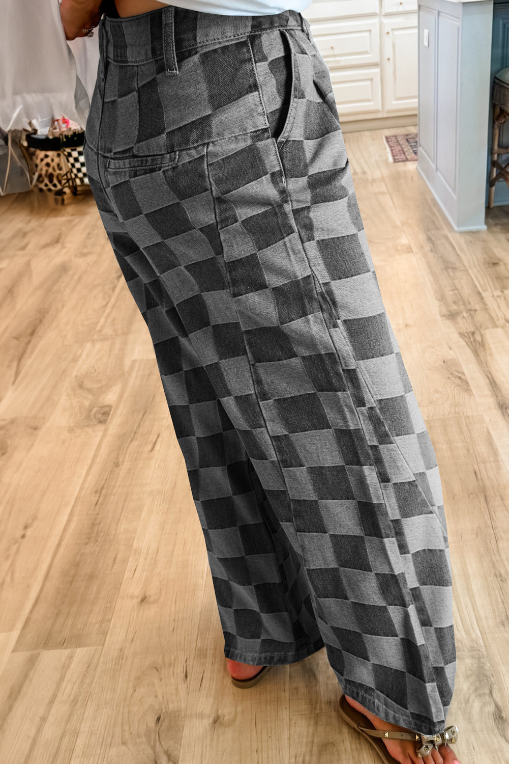 Dark Grey Checkered Denim Wide Leg Jeans - Image 2