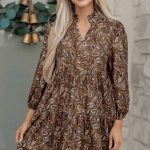 Brown Paisley Print Half Buttons Puff Sleeve Flowy Short Dress