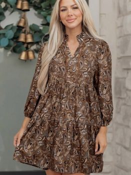 Brown Paisley Print Half Buttons Puff Sleeve Flowy Short Dress