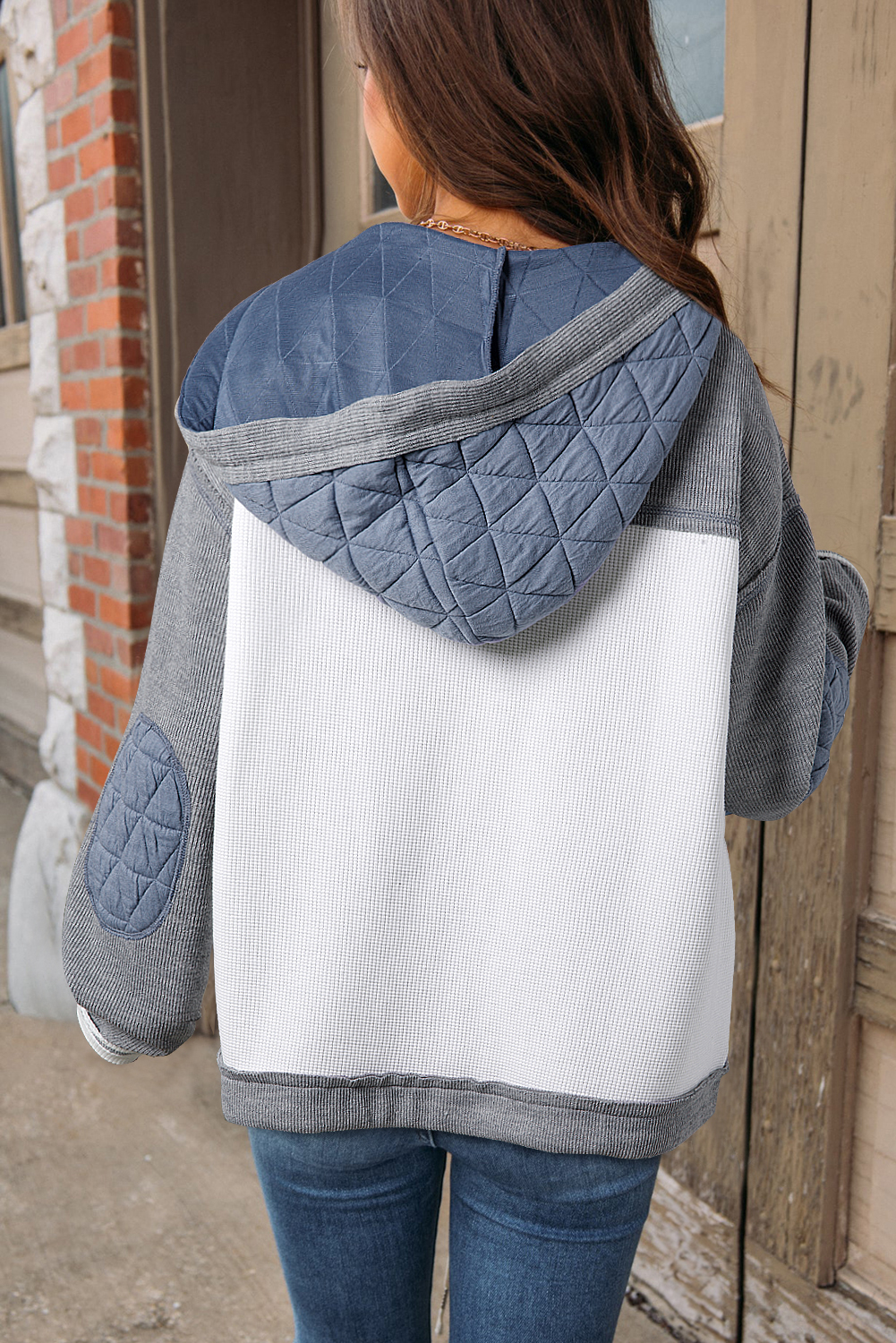 Light Blue Quilted Textured Patchwork Loose Fit Hooded Jacket - Image 2