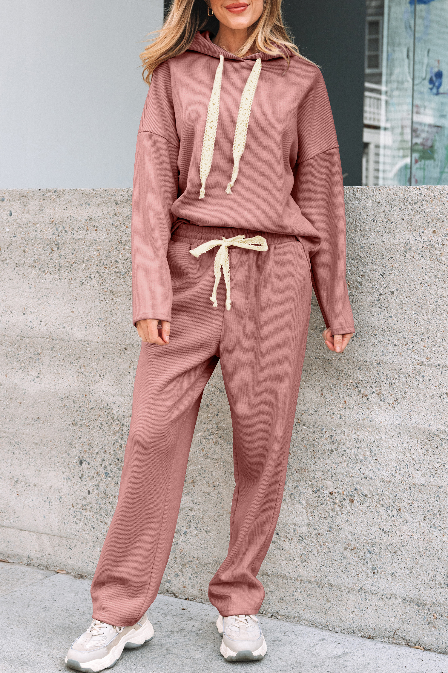 Rose Tan Lace Drawstring Pullover Hoodie and High Waist Pants Corduroy Suit - Image 6
