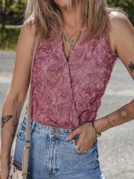 Heather Floral Textured V Neck Wrapped Sleeveless Bodysuit