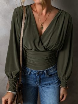 Moss Green Ruched Wrap V Neck Long Sleeve Bodysuit