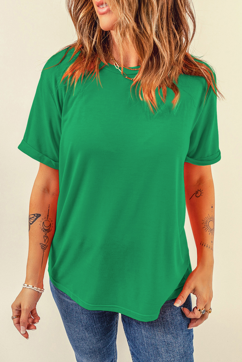 Bright Green Casual Plain Crew Neck Tee - Image 2
