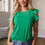 Dark Green Embroidered Ruffled Sleeve Slim Fit Crew Neck Top
