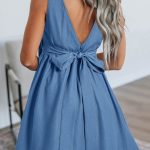 Myosotis Square Neck Pleated Waist V Cut Backless Tied Fit and Flare Dress