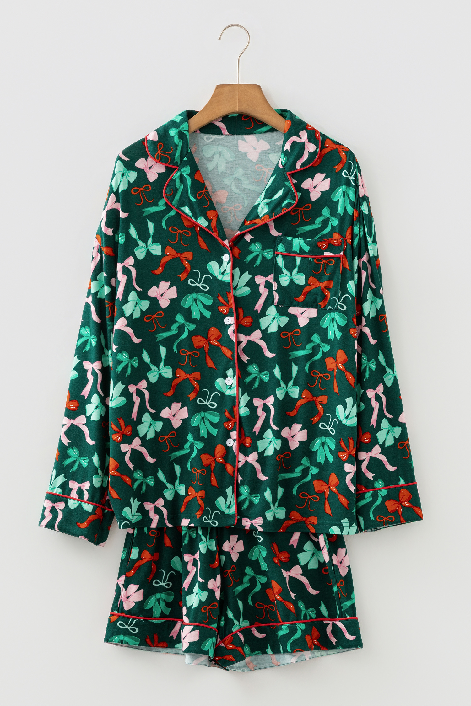 Green Festive Bow Print Long Sleeve Shirt and Pajama Short Set - Image 7
