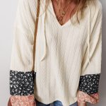 Beige Floral Patchwork Textured Knit Drawstring V Neck Blouse