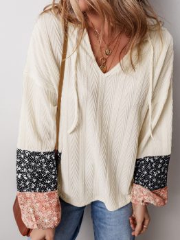 Beige Floral Patchwork Textured Knit Drawstring V Neck Blouse