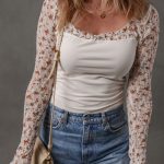 White Floral Lace Patchwork Square Neck Long Sleeve Top